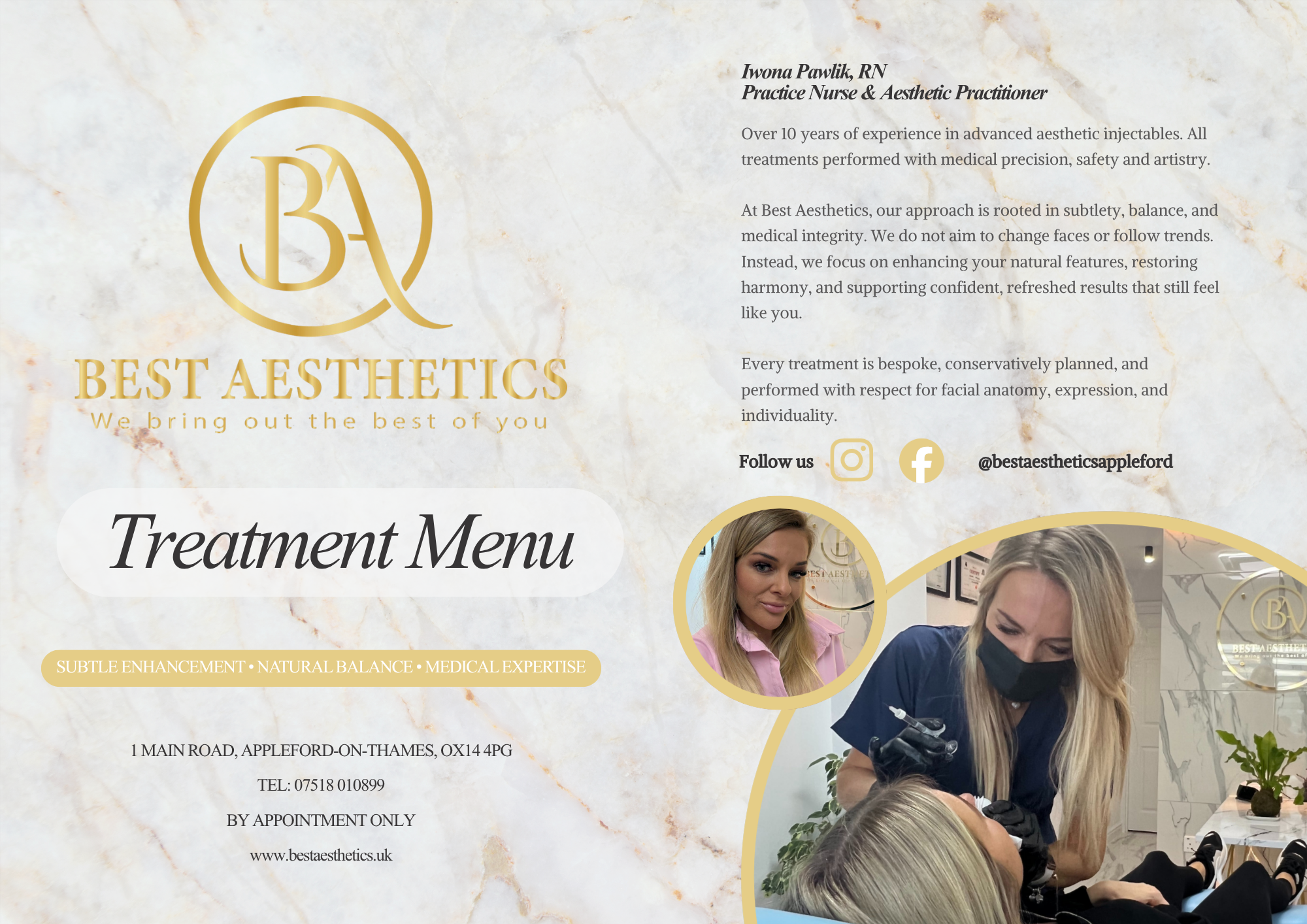 Best Aesthetics treatment menu cover: Iwona Pawlik RN, contact details, and introduction